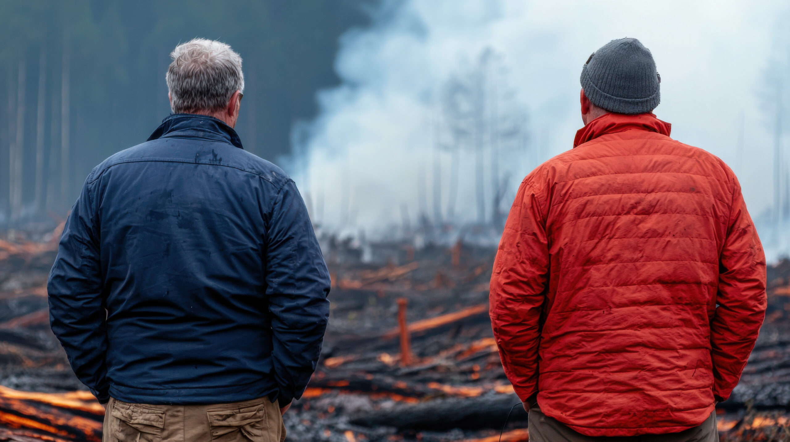 Two individuals stand in front of a smoky, deforested area, observing the aftermath of a fire that has devastated the landscape. Two people looking at smoke and a fire