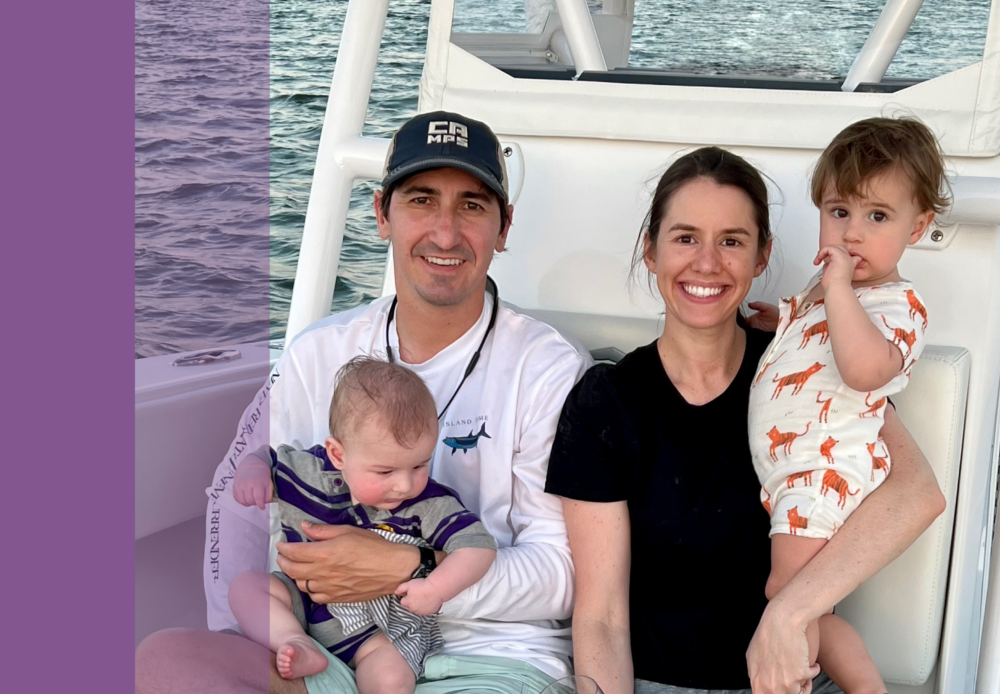 Caroline Blanchard with her husband and children on a boat