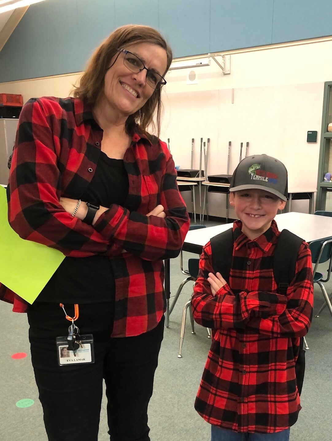 Eva in matching red flannel