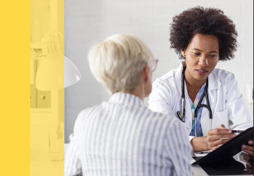 doctor speaking with patient with yellow overlay